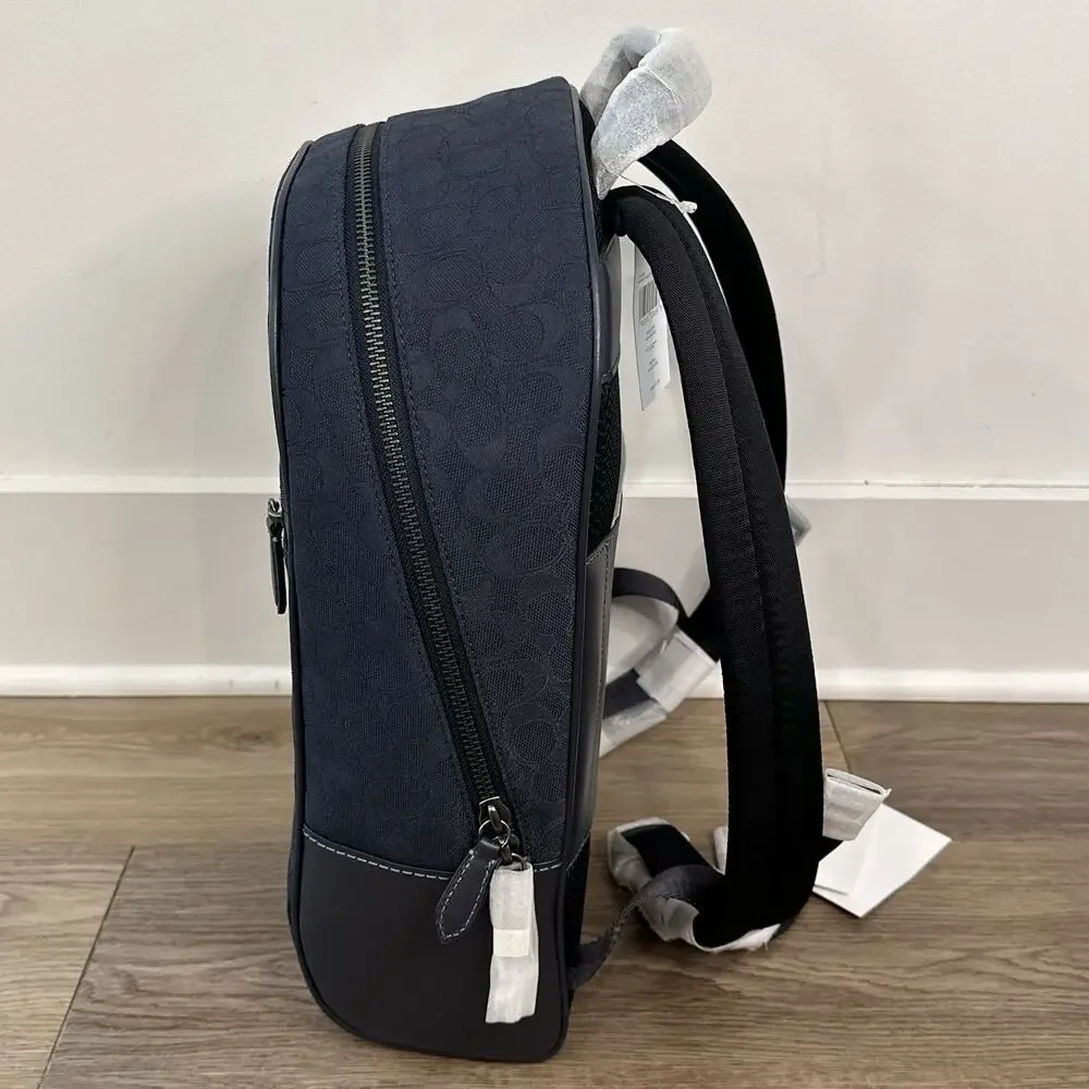 Coach Theo Backpack In Signature Jacquard Navy NWT Laptop Work College Book Bag